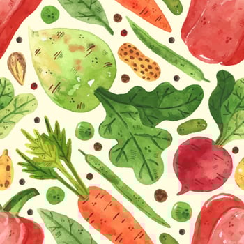 Greens, pea, bean, bell pepper, leaf, radish, carrot. Watercolor design. Hand drawn. Vegetable food market. Seamless pattern, texture, background. Packaging paper. vector