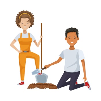 environmentalist couple planting with shovel vector