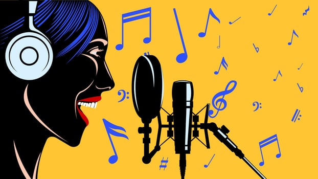 Singer woman head in headphones in front of the microphone vector