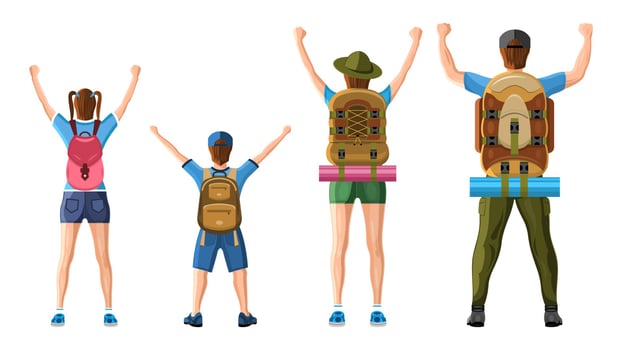 Family of Tourists. Rear View Cartoon Style vector
