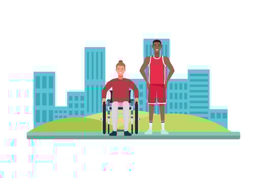 man in wheelchair and basketball player characters vector