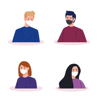 Coronavirus social distancing campaign with people wearing face masks vector