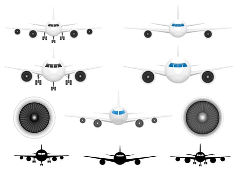 Airplane front view vector design illustration set isolated on background