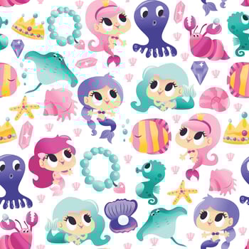 Super Cute Mermaids Sea Creatures Seamless Pattern Background vector