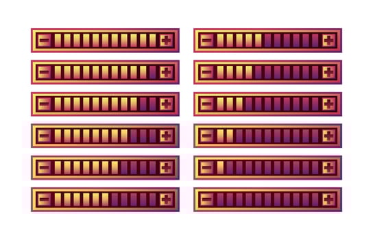 set of funny purple game ui progress bar panel with increase and decrease button for gui asset elements vector illustration