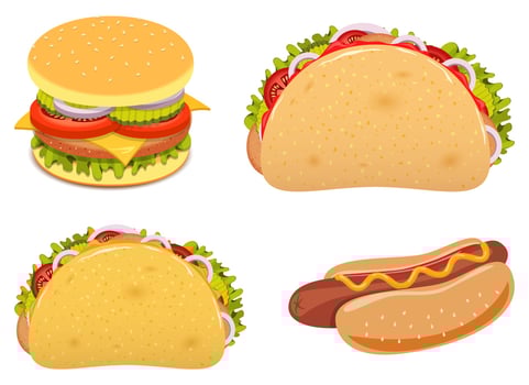 Realistic hamburger, burrito and hotdog sandwich set vector