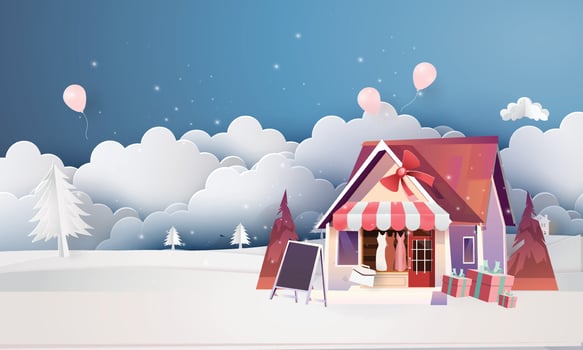 paper art snow house in chrismas day festival outdoor and shop house night backgroud cartoon vector
