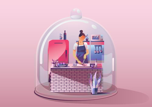 Young Woman Staying at home. preparing Food and cooking  Surrounded by many kitchenware. Miniature house. Stay home and stay safe with social distancing. Quarantine concept COVID-19 Vector