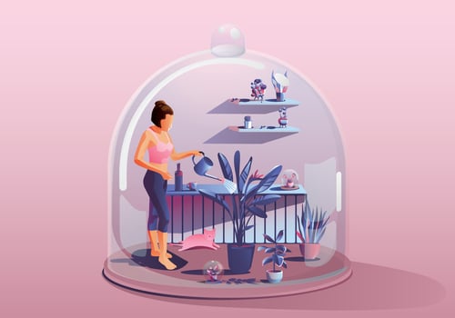 Young Woman Staying at home. watering the plants. Surrounded by many plants. Miniature house. Stay home and stay safe with social distancing. Quarantine concept COVID-19 Vector Illustration