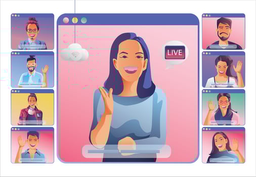 Video conference landing. People on computer screen taking with colleagues. Videoconferencing and online meeting workspace vector page man and woman. self-quarantine to prevent from COVID -19 vector