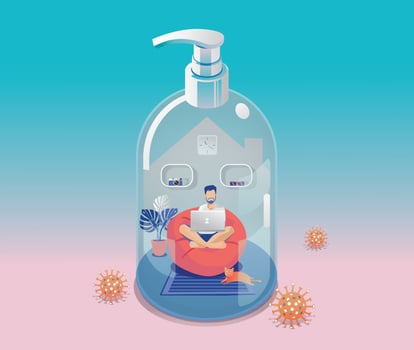 Staying at Home, Quarantine concept. Coronavirus, young men working on a laptop in a house transform to gel alcohol bottle on green background with many viruses surrounded. Vector