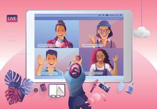 Video conference landing. People on computer screen taking with colleagues. Videoconferencing and online meeting workspace vector page man and woman. self-quarantine to prevent from COVID -19 vector