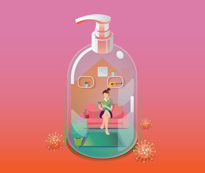 Staying at Home, Quarantine concept. Coronavirus, women use a smartphone  in a house transform to gel alcohol bottle on green background with many viruses surrounded. Vector