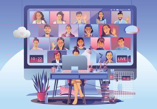 Video conference landing. People on computer screen taking with colleagues. Videoconferencing and online meeting workspace vector page man and woman. self-quarantine to prevent from COVID -19 vector