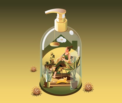 Staying at Home Quarantine concept. Coronavirus, Young women use a smartphone indoors. in a house transform to gel alcohol bottle on green background with many viruses surrounded. Vector illustration
