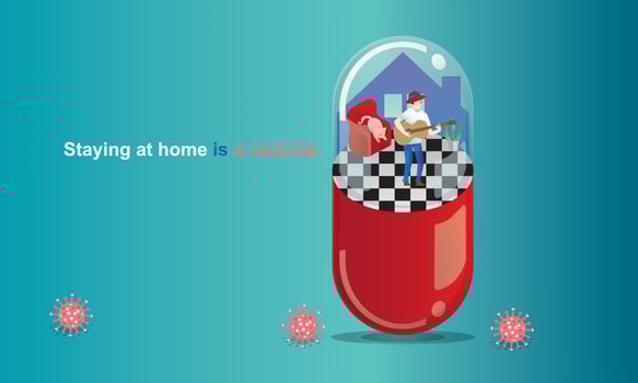 Social Distancing and Stay home concept. Quarantine, People keeping distance for infection risk and disease. man playing guitar, Like in a Capsule. Fun home staying. Coronavirus self-isolation.Vector vector
