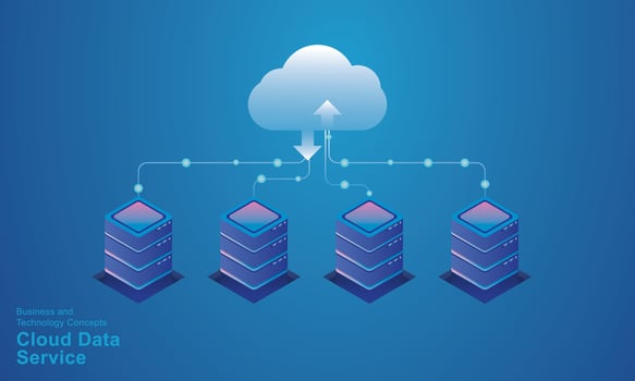 Computer technology server room digital device Isometric concept Cloud storage communication with the network Online devices uploads download information data in a database on cloud services vector