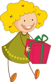 A doodle kid holding a gift box cartoon character isolated vector
