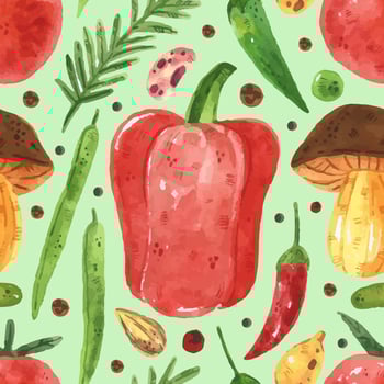 Greens, pea, bean, bell pepper, leaf, tomato, mushroom. Watercolor design. Hand drawn. Vegetable food market. Seamless pattern, texture, background. Packaging paper. vector