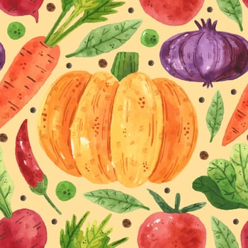 Greens, pea, bean, radish, onion, leaf, tomato, carrot, pumpkin. Watercolor design. Hand drawn. Vegetable food market. Seamless pattern, texture, background. Packaging paper. Grocery. vector