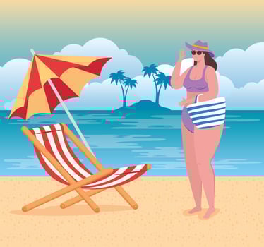 cute woman in a swimsuit on the beach, summer vacation season vector