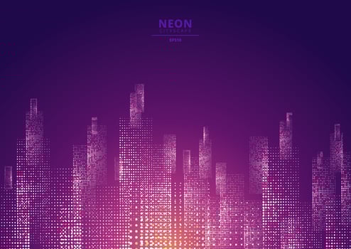 Cityscape on a dark background with bright and glowing neon purple and yellow lights. vector