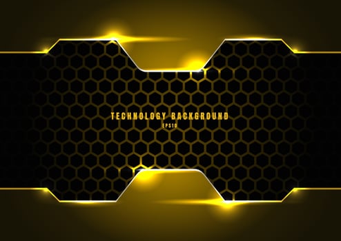 Abstract black and yellow metallic frame with lighting on hexagons texture pattern technology innovation concept background. vector