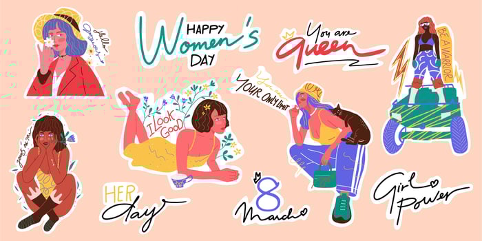 Women Empowerment Sticker Pack. Hand drawn Vector Illustration. Sticker Collection. 8 March, Happy Women's Day Icon Set.