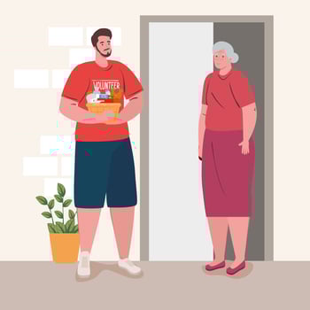 Volunteer man helping an old lady with groceries vector