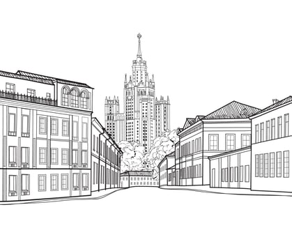 Moscow city street with famous Stalin skyscraper building in background. vector