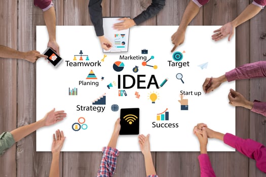 Top view of business team meeting and discussion with ideas and creative icon design photo