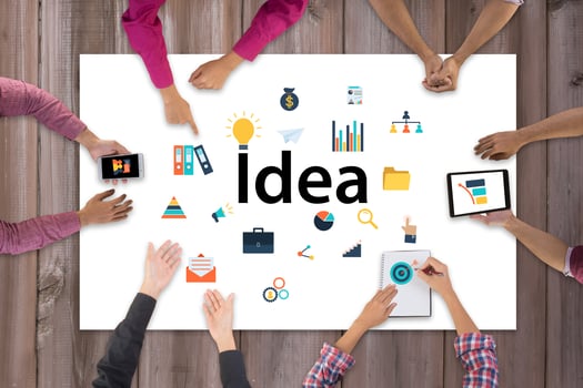 Top view of business team meeting and discussion with ideas and creative icon design photo