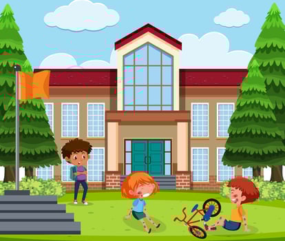 Two kids injured at cheek and arm from riding bycycle at the school scene vector