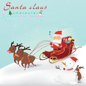 Cartoon Christmas illustration. Funny happy Santa Claus and reindeer on the Sleigh, bag with presents, snowman and little reindeer For Christmas cards, banners, tags and label vector