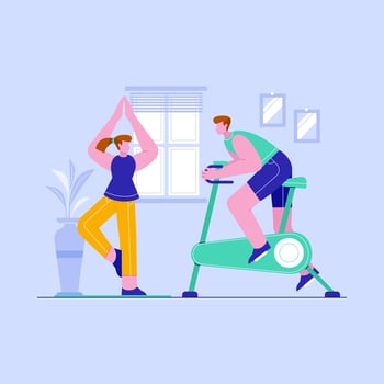 Couple man and woman exercising at home. Vector illustration of sport activity.