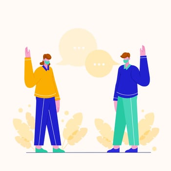 Vector illustration young people greeting but do not handshake each other. Prevention of coronavirus. Flat cartoon.