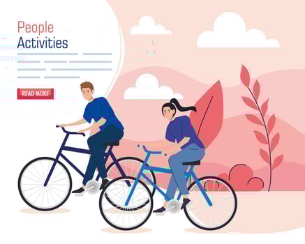 banner of a young couple riding bikes outdoors vector