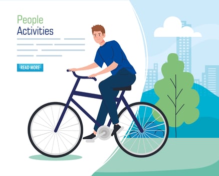 banner with a young man riding a bike outdoors vector