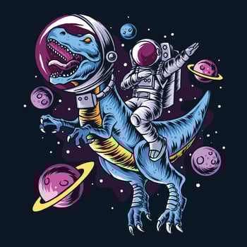 The astronaut drives the t-rex dinosaurs in the outer space full of stars and planets vector