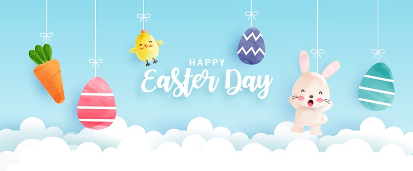 Easter day banner with cute chickens, rabbit and Easter eggs in water color style vector