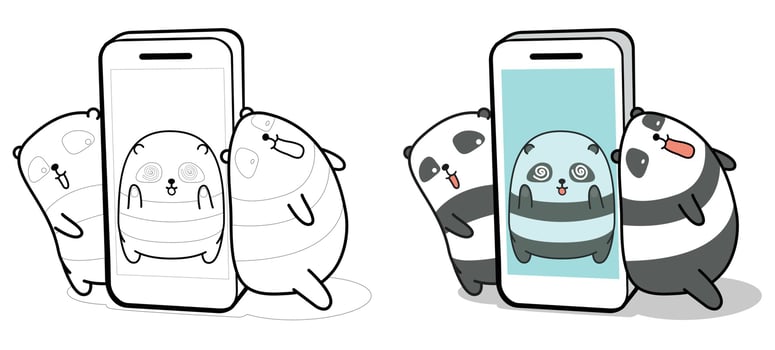 Panda inside smartphone and friends cartoon coloring page for kids vector