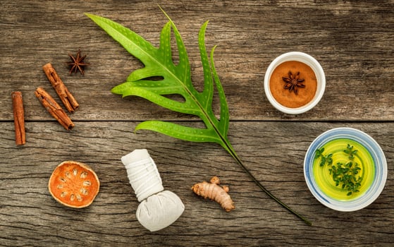 Natural spa ingredients on wood photo