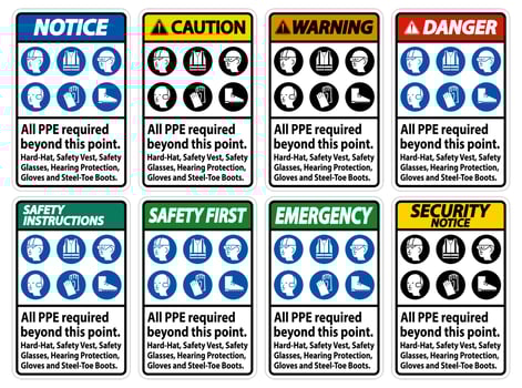 PPE Required Beyond This Point. Hard Hat, Safety Vest, Safety Glasses, Hearing Protection vector