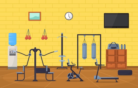 Fitness Gym Interior with Bodybuilding Equipment Vector Illustration