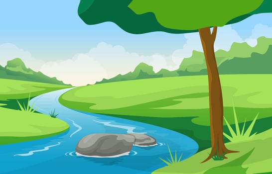 Nature Landscape with Winding River, Mountains, and Forest vector