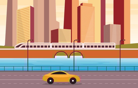 Big City Scene with River and Train Illustration vector