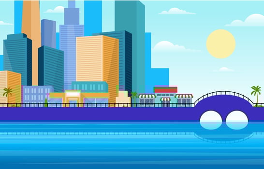 City Skyline with Park, Trees, and River Illustration vector