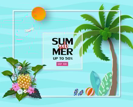 Summer sale background with tropical flowers and leaves for banner vector