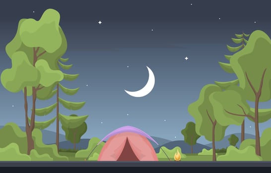 Camping Tent and Campfire in the Forest at Night vector