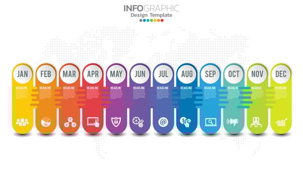 Timeline infographic template with 12 month. vector